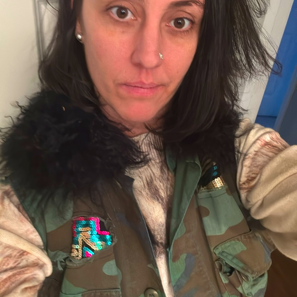 Katharine Story Sequined Mongolian Lamb Fur Collar Camo Vest One Size